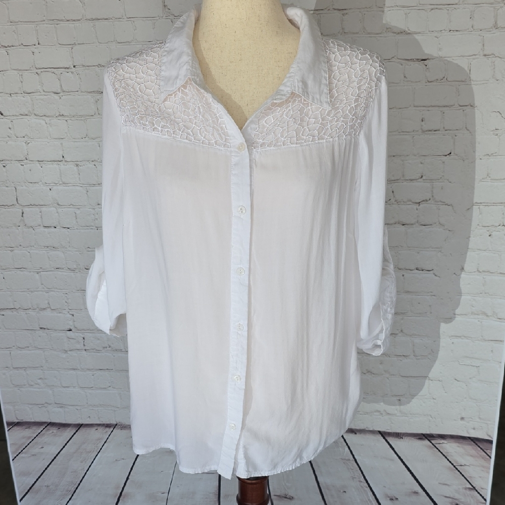 One World White Lace Shoulder Button Down Blouse Size L Boho‎ Chic